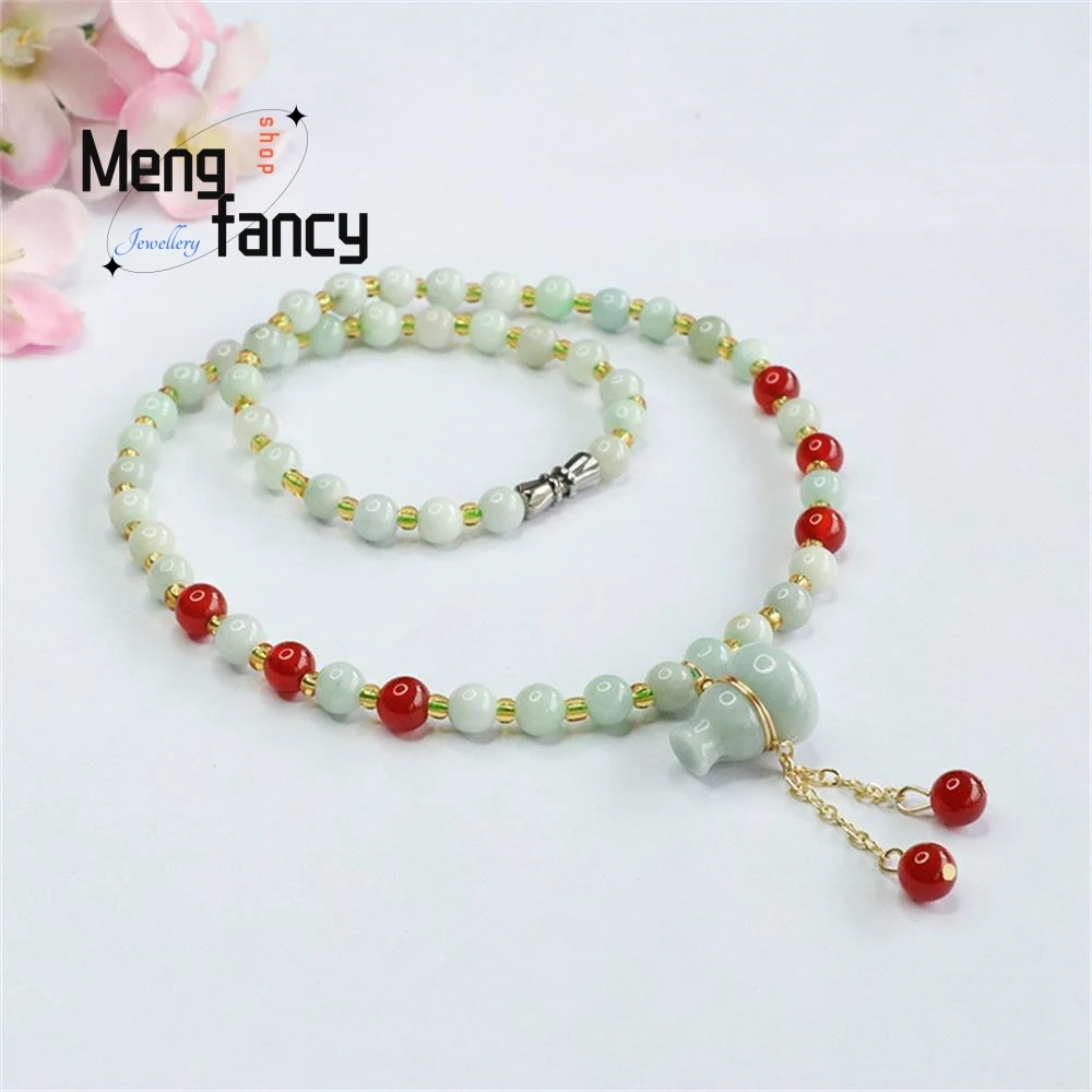 Natural Jadeite Exquisite Elegant Simple High-grade Necklace Jade Gourd Red Agate Bead Chain Luxury Quality Jewelry Holiday Gift