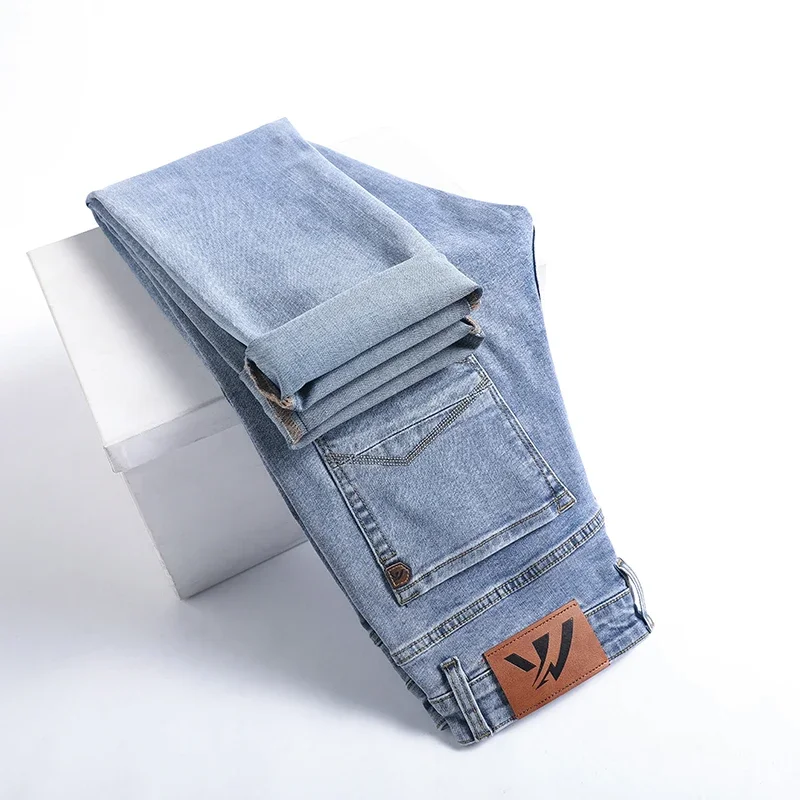 2025 Spring  Summer Brand New Men's Fit Straight Thin Cotton Stretch Jeans Classic Pocket Youth Men Lightweight Light Blue Pants 2