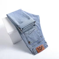 2025 Spring  Summer Brand New Men's Fit Straight Thin Cotton Stretch Jeans Classic Pocket Youth Men Lightweight Light Blue Pants 2
