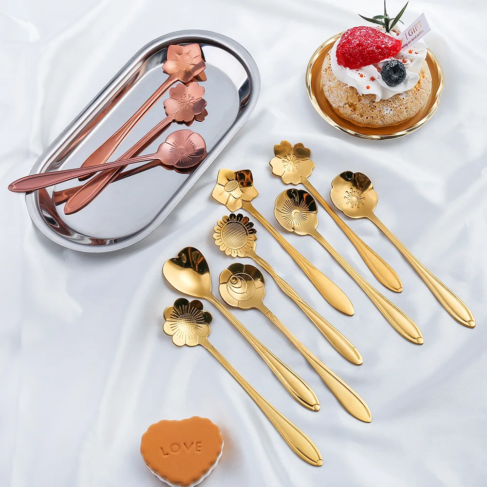 8Pcs Flower Spoon Set Small Teaspoon Coffee Spoon Cute Ice Cream Dessert Silver Gold Stainless Steel For Coffee Tea stainless steel spoon tea spoon