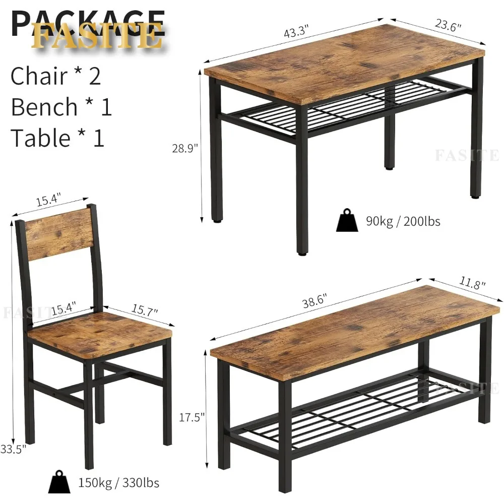 4 Pieces Dining Table Set, Industrial Dining Table with Bench and Chairs for 4, Metal Frame, Kitchen Table Set with Storage Rack