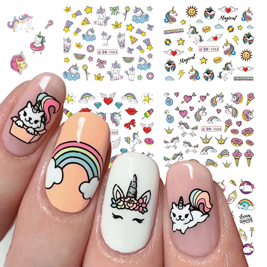12pcs Unicorn Stickers For Nails Colorful Cartoon Decals Pig Dog Water