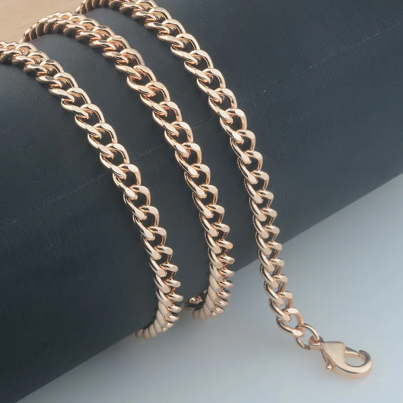 5mm Women Men 585 Rose Gold Color Curb Link Necklace Bracelet Set