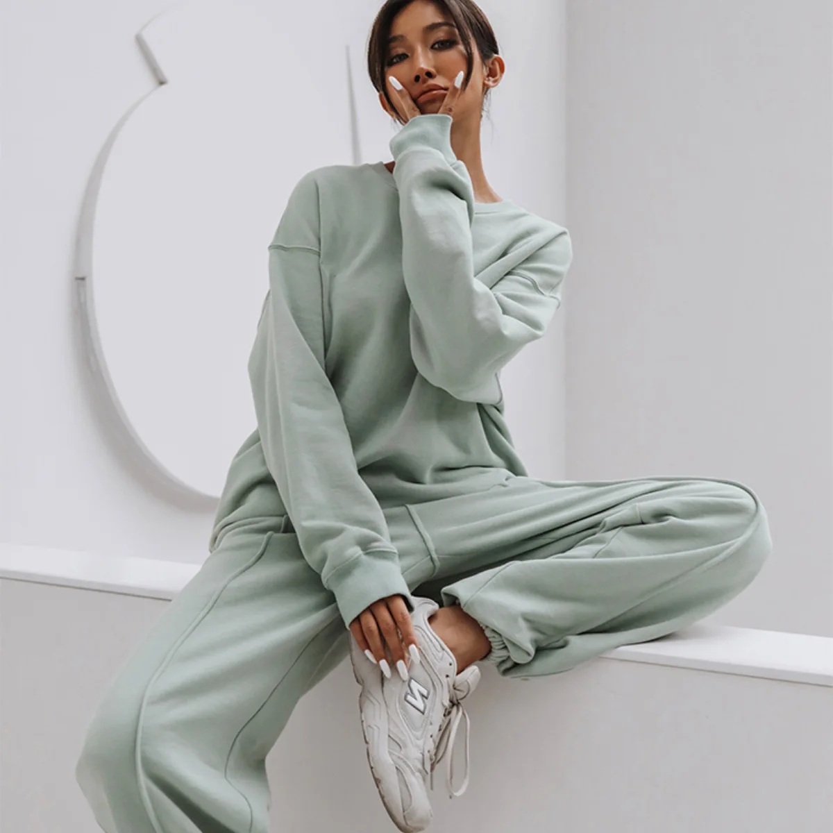 Europe and America 2023 Autumn and Winter New Women's Loose Sports Casual Sweater Set Two Piece Set