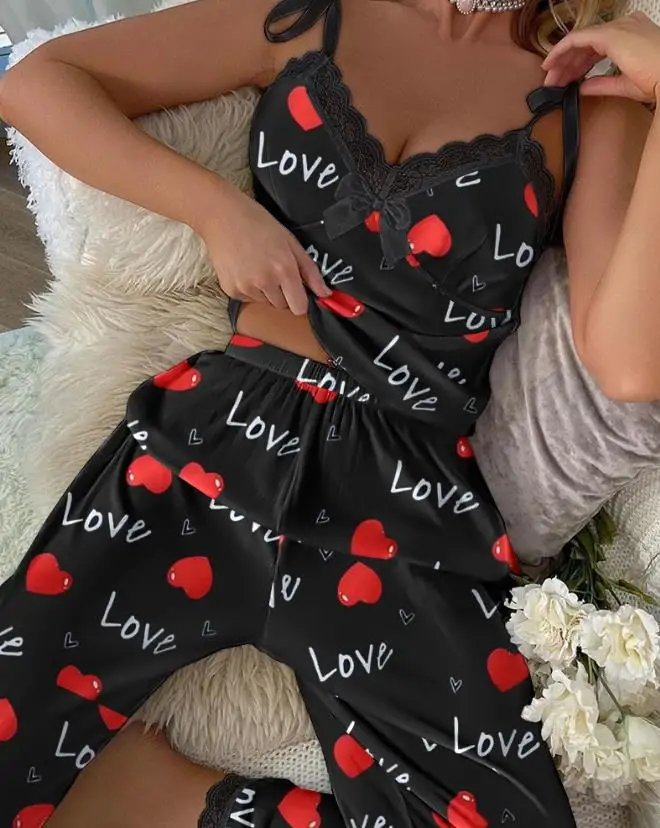 Women's Pajamas 2023 Summer Fashion Bowknot Love Heart Print Contrast Lace V-Neck Cami & Casual Home Pants Set Sleepwear
