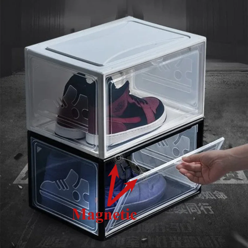 Shoe Storage Box Transparent Magnetic Plastic Sneakers Box Stackable Displayable Dust-proof Large Volume Bedroom Shoes Organizer