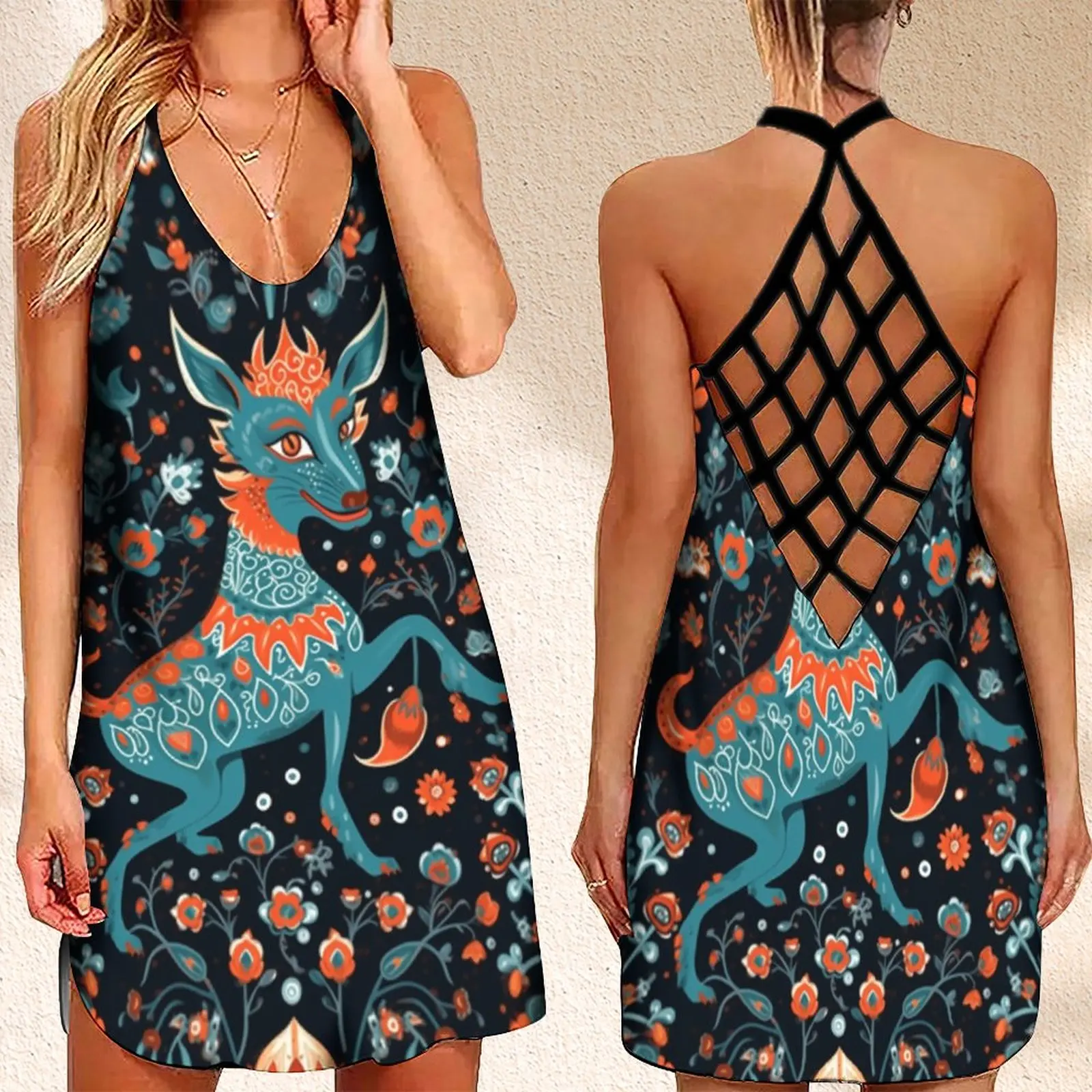 

Summer Women's Criss Cross Backless Sleeveless Dress CasualSundress Urkish WolfPrint Women Clothing