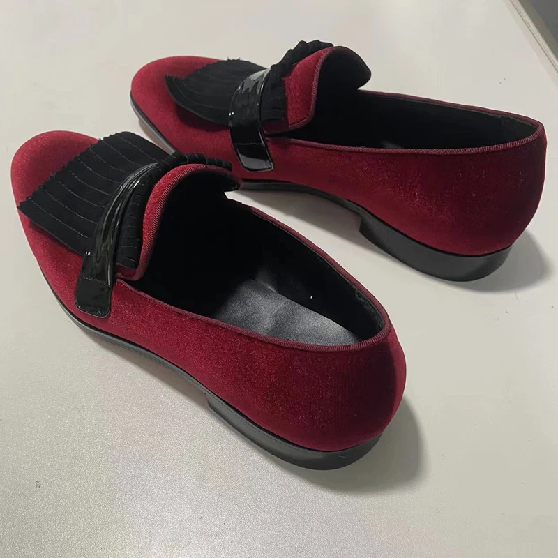 Red Luxury Velvet Loafer Shoes Man Pointed Toe Double Buckle Flat Shoes  Male Fashion Party Shoes - AliExpress