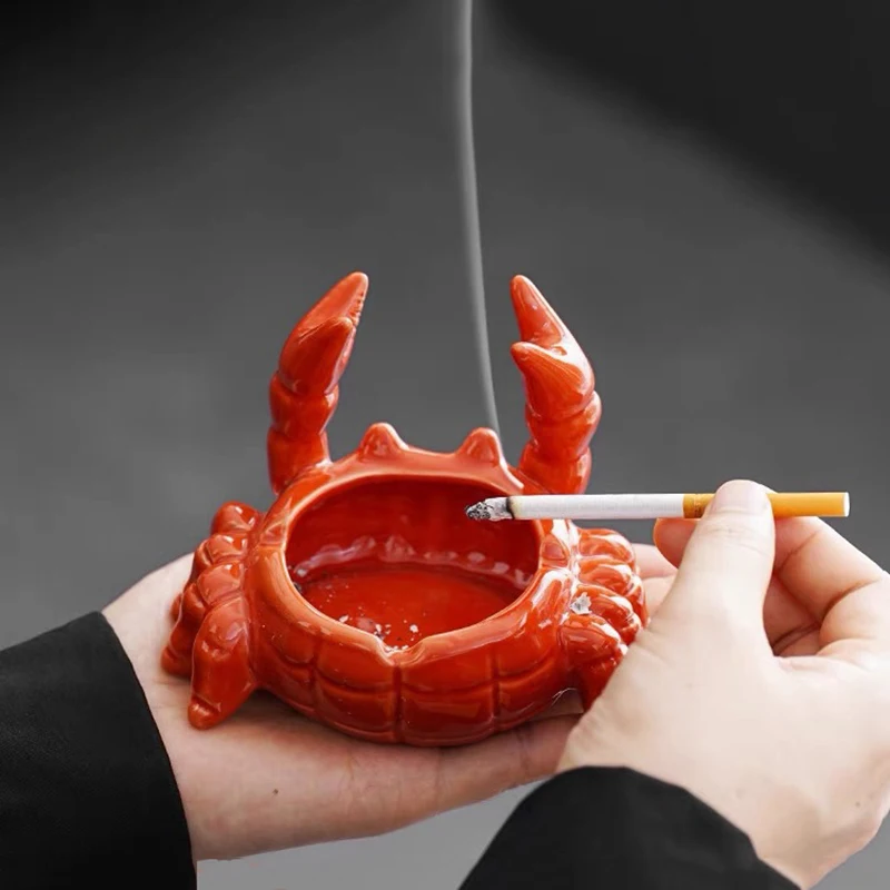Crab China Ashtray Small Tea Pet Office Home Living Room with Cover Fly Ash Chinese Cute Decoration Red Crab Ashtray Decoration