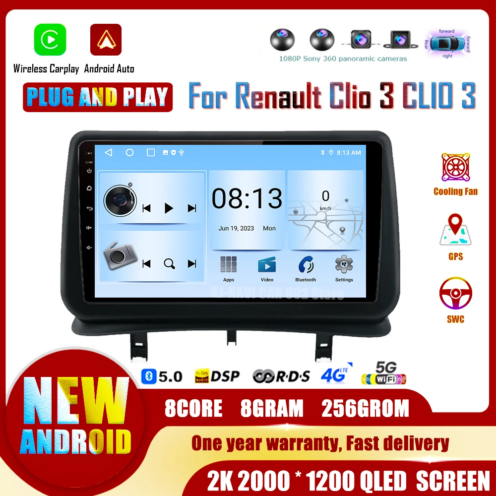 

Автомобильный радиоплеер Carplay на Android 14 для Renault Clio 3 CLIO 3 2005-2014 мультимедийный Bluetooth автомобильный стерео BT головное устройство WIFI GPS