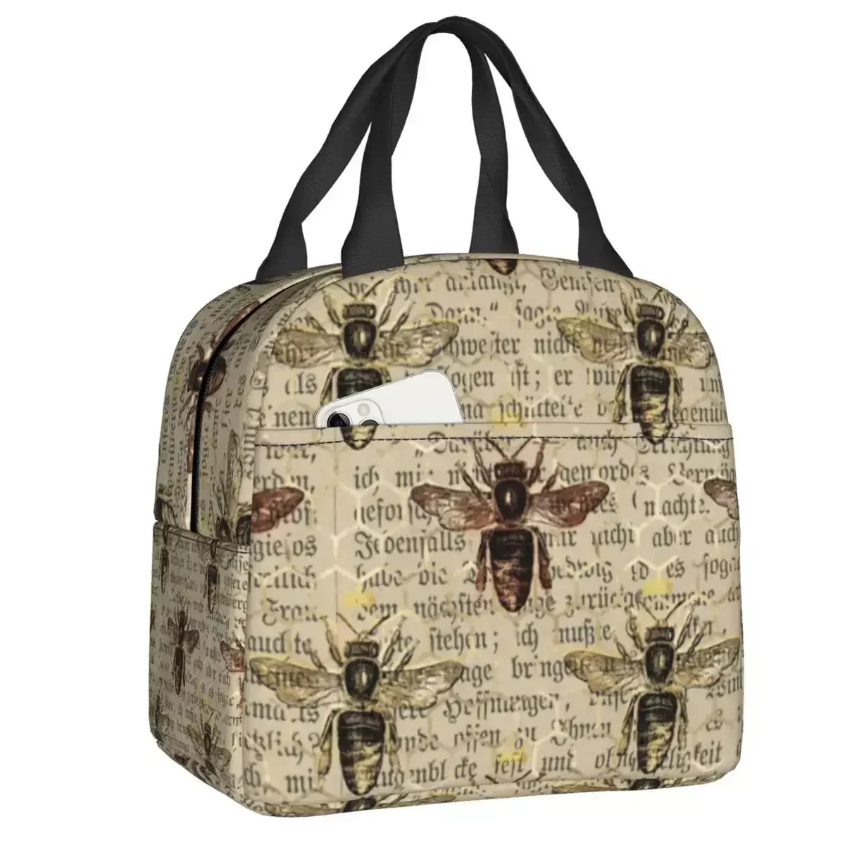 

2024 New Vintage Retro Honeybee Bee Pattern Insulated Lunch Bag For Women Portable Cooler Thermal Bento Box Beach Camping Travel