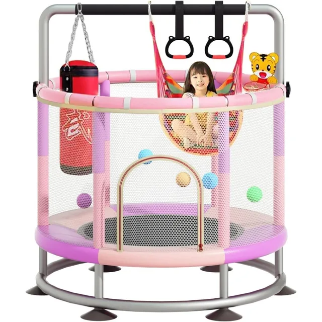 60" Trampoline for Kids, Anti-Rollover Round Bottom Baby Toddler Trampoline with Basketball Hoop, Indoor/Outdoor Kid Trampoline