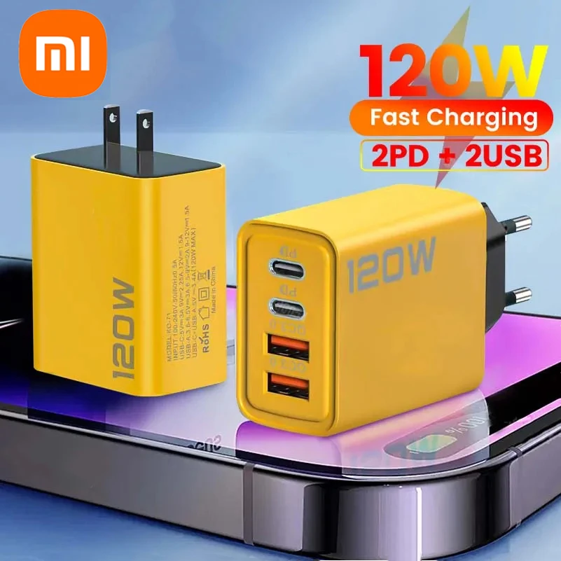 Fast Charger Xiaomi 120W Ultra Fast 4Port USB C PD Quick Charging USB 3.0 Type C EU US Plug For Xiaomi iPhone 15 Pro Max
