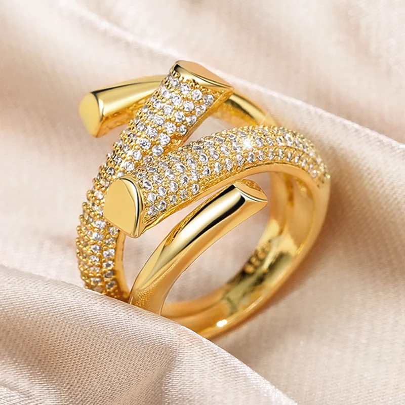 Huitan Hyperbole Shape Geometric Gold Color Girl Ring Luxury Paved ...