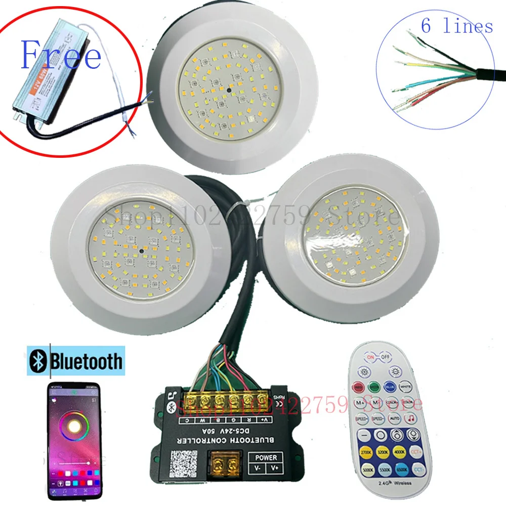 18W RGBCW LED 수영장 조명, 블루투스 앱 제어, IP68 DC12V 수중 스포트라이트 6라인 분수, 조경 및 수영장 조명