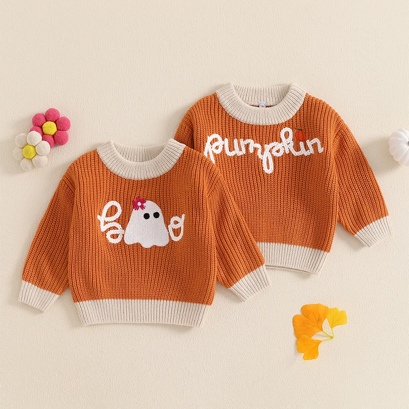 Toddler Baby Halloween Sweaters Long Sleeve Round Neck Ghost/Letter Embroidery Knit Tops Sweatshirts 1