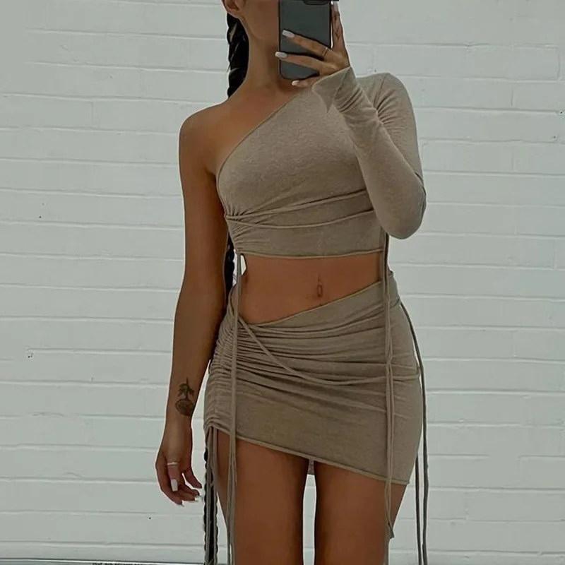 

Women's Wear 2022 Autumn New Style One Shoulder Open Navel Top Slim Side Drawstring Set Dresses Mujer Vestido