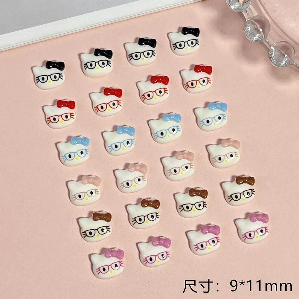 50/100개 Y2K 귀여운 안경 쓴 헬로키티 네일 참 핑크 블루 리본 KT 고양이 머리 카와이 네일 액세서리 DIY 매니큐어 데코용