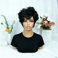 1B # Perruque de cheveux humains coupe lutin pour femmes, 6 pouces, couches courtes, amples et bouclées avec frange, densité 180%, cheveux brésiliens Remy, bonnet fabriqué à la Machine 2