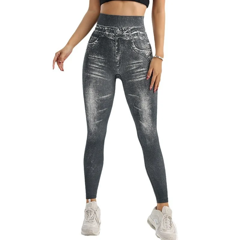Women Yoga Leggings Breathable Running Denim Jeans High Waist Fitness Pants Stretch Gym Workout Leggings Spandex Women Tights