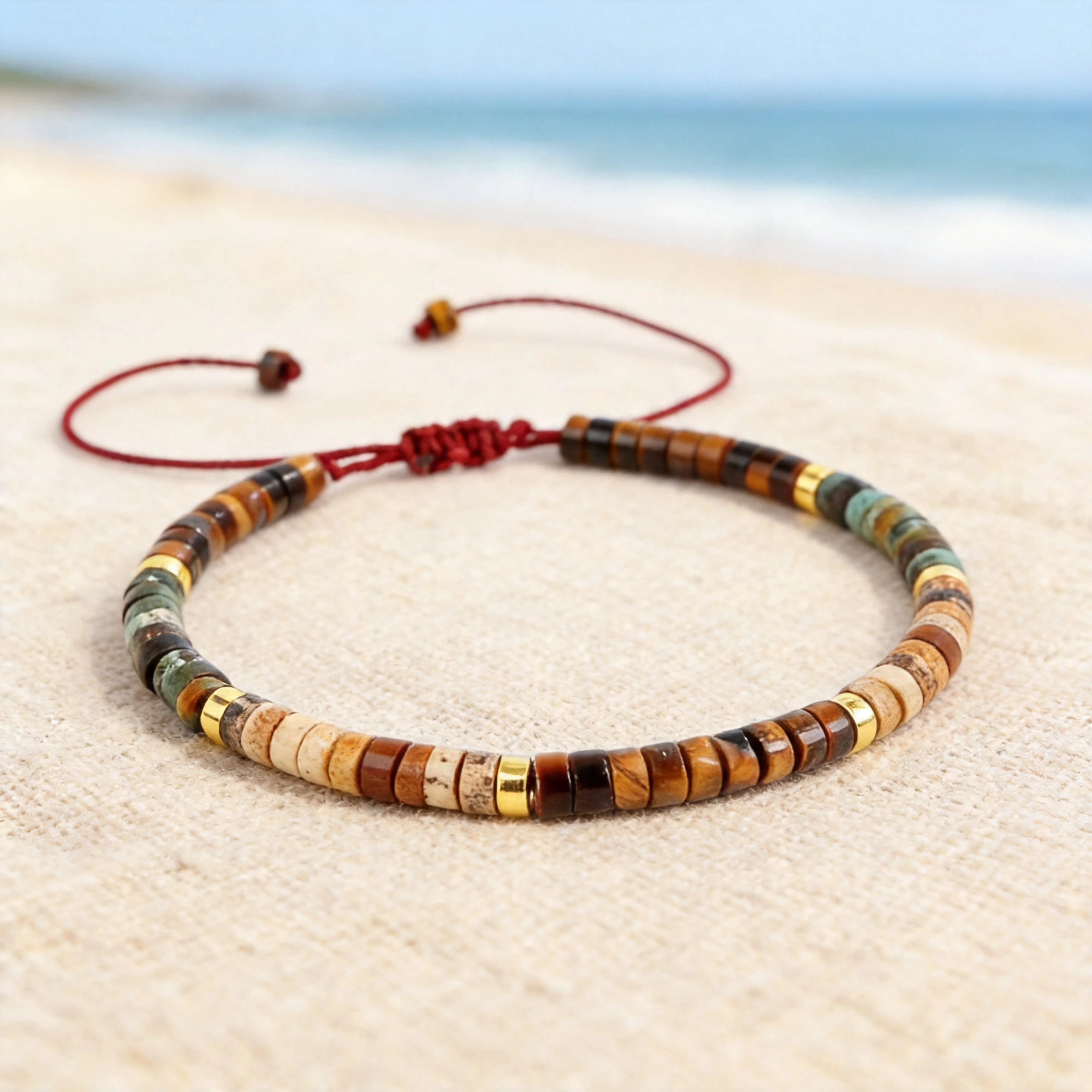 Spring Fashion Waterproof Jewellery Tiger's Eye African Pine Nature Stone Bransoletka for Beach Scene Anklet Adjustable Rope 3.8 4