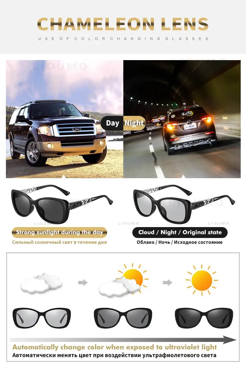 LIOUMO Mode-Sonnenbrille für Damen, Luxusmarke, hochwertige photochrome polarisierte Brille, Damen-Brille mit luxuriösem Kristallrahmen – Detail 4