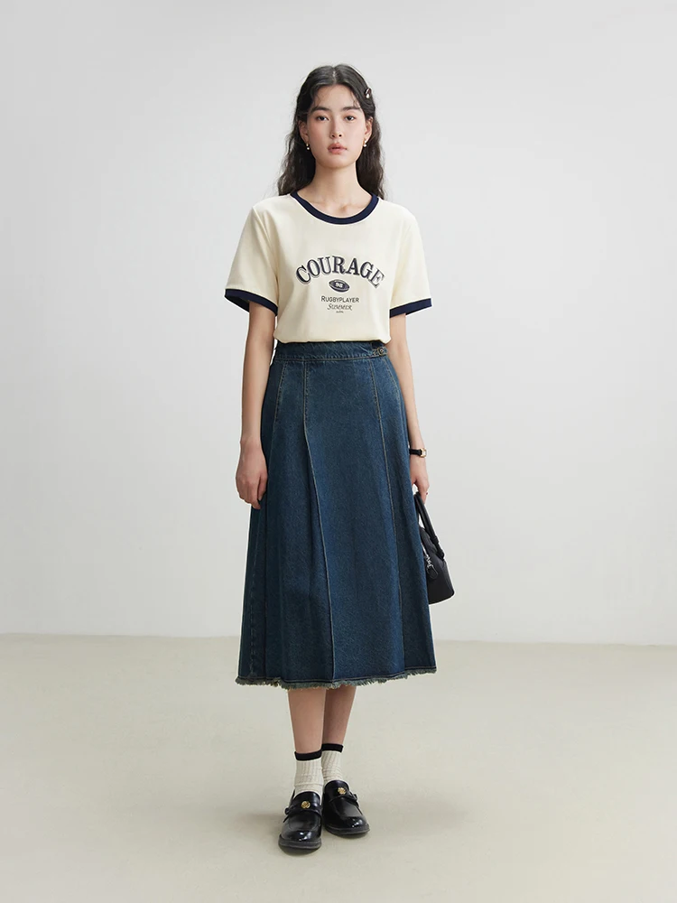 DUSHU 여성용 라운드 넥 티셔츠, 레터 프린트 디자인, 베이지 반팔 상의, 캐주얼 티, 대비색, 여름, 24DS82220