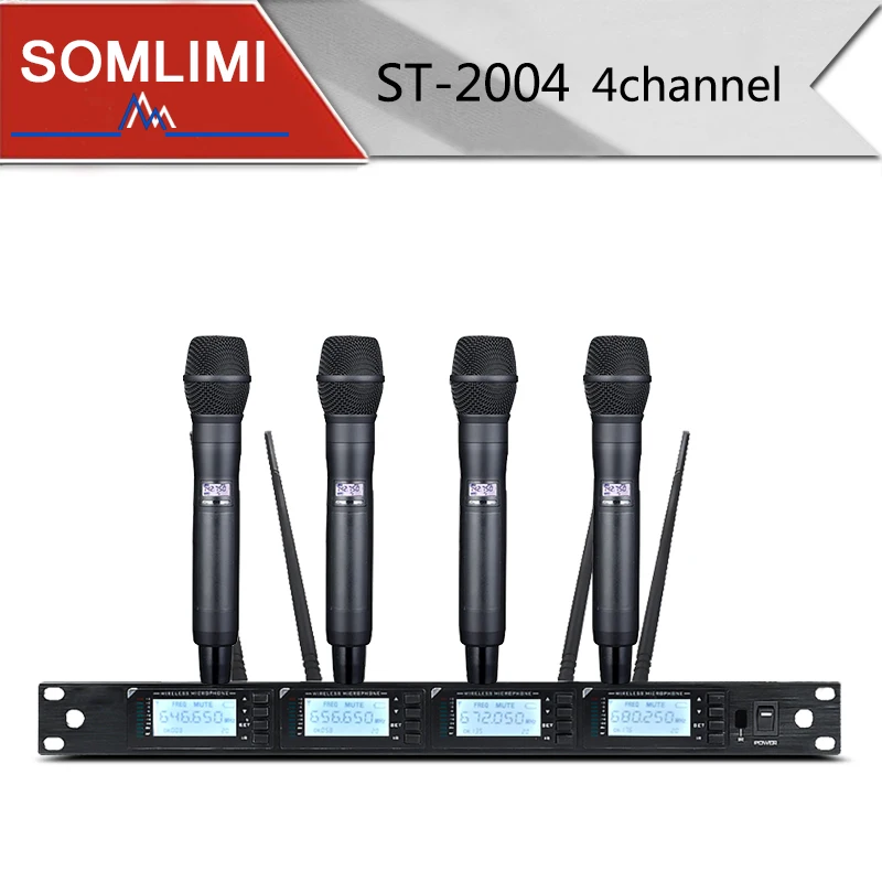 Somrac-새로운 고품질 전문 4 채널 핸드 헬드 무선 마이크, 전문 lavalier 클립 마이크 헤드셋
