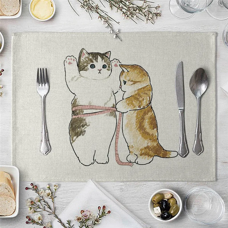 Cat Decorations Placemat Polysterflax Blended Yarn Dining Table Mats Coaster Bowl Coffee Cup Mat Napkin