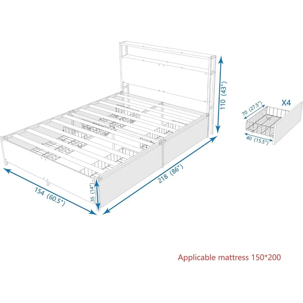 Queen Size Bed Frame,Industrial Metal Platform Bed Frame with 2 Tier Storage Wooden Headboard and Footboard,4 Storage Drawers 3