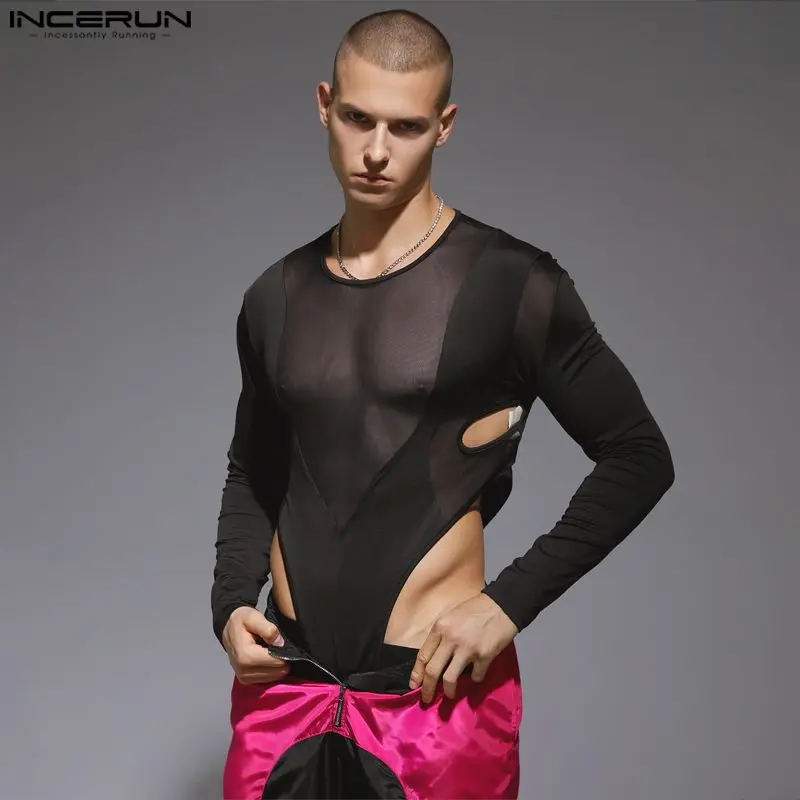 

INCERUN Sexy Men's Bodysuit Mesh Perspective Splicing Hollow Deconstructed Rompers Fashion Long Sleeve Triangle Jumpsuits S-5XL