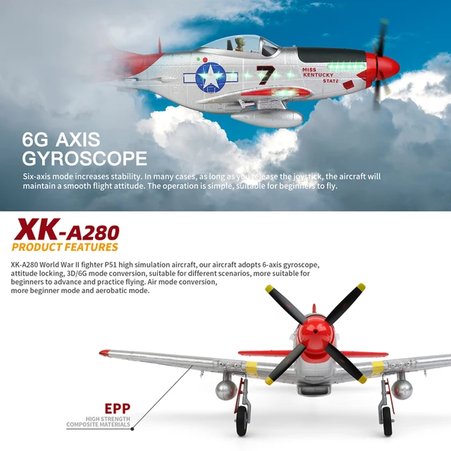 WLtoys XK A280 RC Plane 2.4G 4CH 3D6G Mode Aircraft P51 Fighter Simulator with LED Searchlight RC Airplane Toys for Children 3