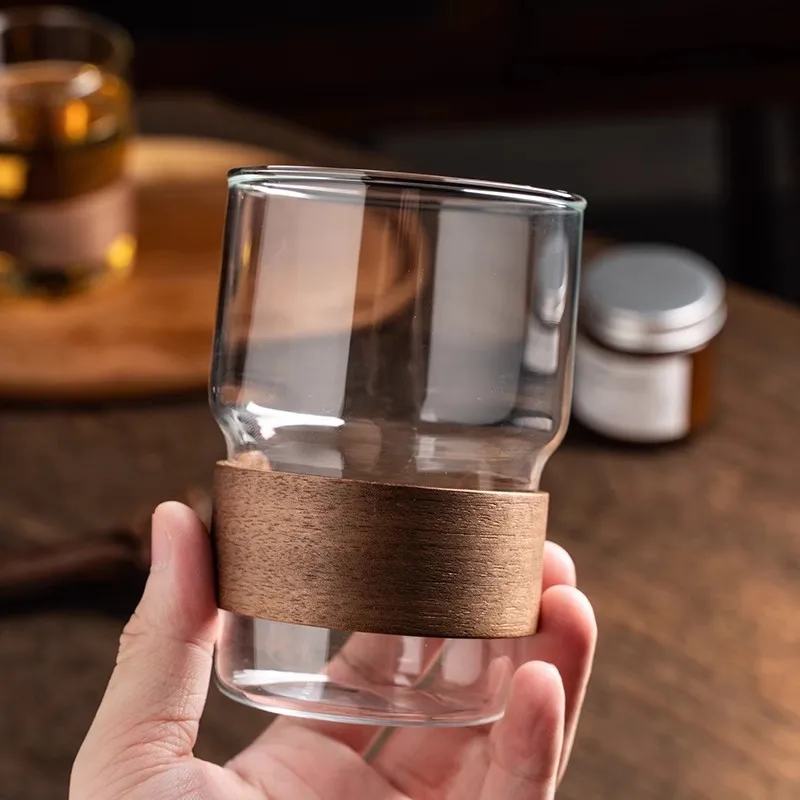 1 Piece 350ml 12oz Stackable Clear Tea Cup with Bamboo Sleeve Heat Resistant Glass Mug Drip Coffee Tea Water Juice Brewing Cup