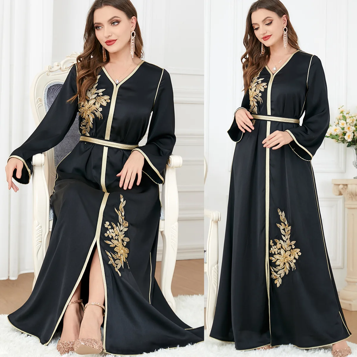 Floral Embroidery Guipure Lace Panel Belted Dress Elegant V-nek Long Dresses Black Abaya Muslim Women Clothing Ramadan M-XXL
