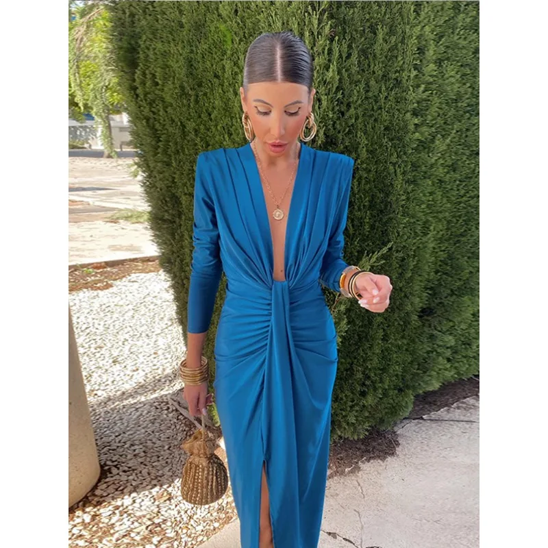 

Fashion Solid Pleated Splited Slim Midi Dress Women Sexy Deep V-neck Knotted Long Sleeve Dresses 2024 New Lady Night Party Robes