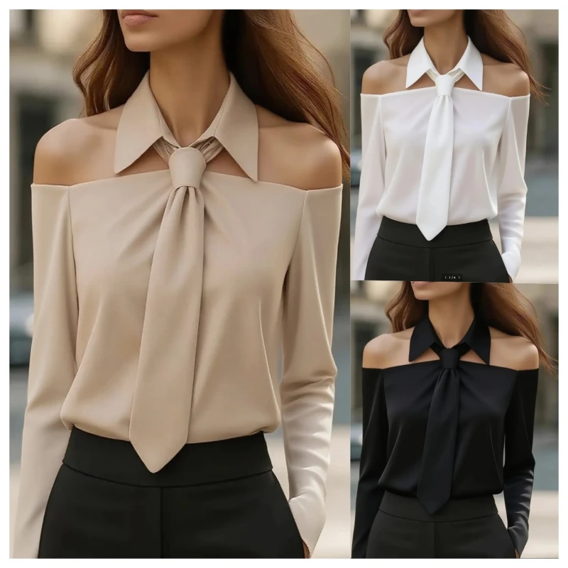 Fashion Spring and Autumn Women's Lapel Tie Off-Shoulder Long Sleeve Shirt Casual Solid Color Elegant Women's Top Female Shirts
