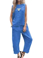 الربيع الصيف المرأة الدعاوى جديد بلون أكمام القطن الكتان بسيط جيب الموضة عادية السراويل الطويلة الإناث 2 قطعة مجموعة 5