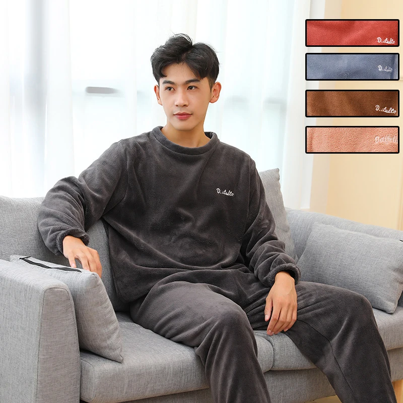 남성용 잠옷 두꺼운 따뜻한 산호 벨벳 가을 겨울 홈웨어 긴팔 긴 바지 솔리드 소프트 잠옷 2PCS/세트 커플
