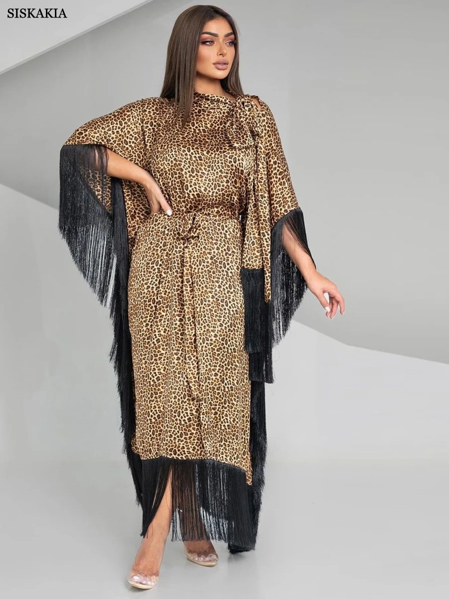 

Дубай Мода рукав летучая мышь кисточкой вечернее вечерние Abayas Саудовская Леопард поясом платья шальвар камиз марокканского залива женщин Кафтан