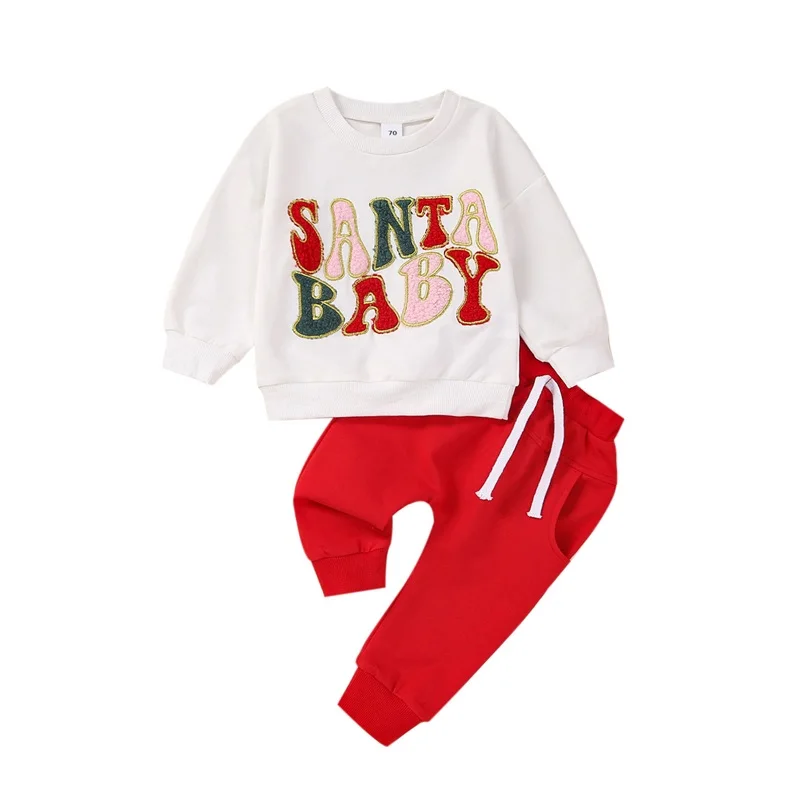 

Infant Baby Boys Girls Christmas Outfit Santa Baby Embroidery Sweatshirt Jogger Pants Clothes Set Fall Winter Clothes