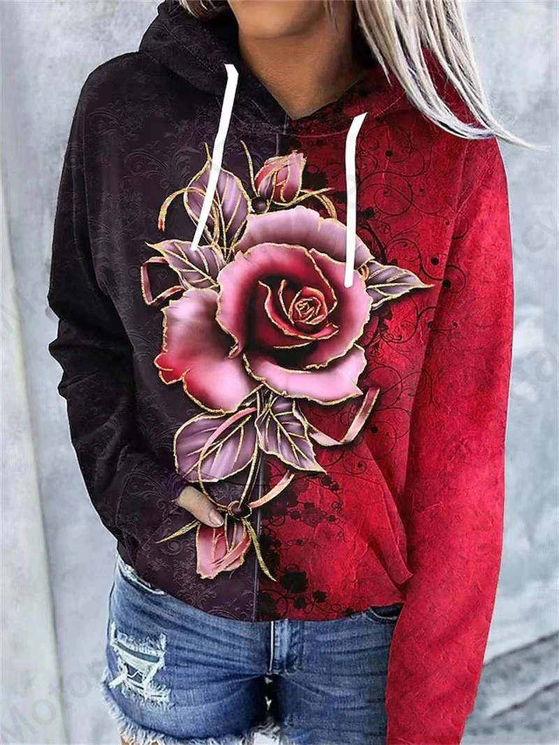 Rose Floral 3d Print Hoodie Women Fashion Oversized Hoodies Women Sweats Flower Coat Sweatshirt With Pocket Pullovers Sudaderas 2