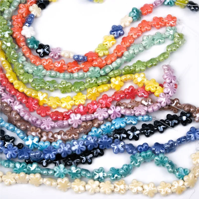 10pcs flowers-Shaped Handmade Shiny Glossy Glazed Ceramic Porcelain Loose Beads lot for Jewelry Making DIY Crafts beads kit