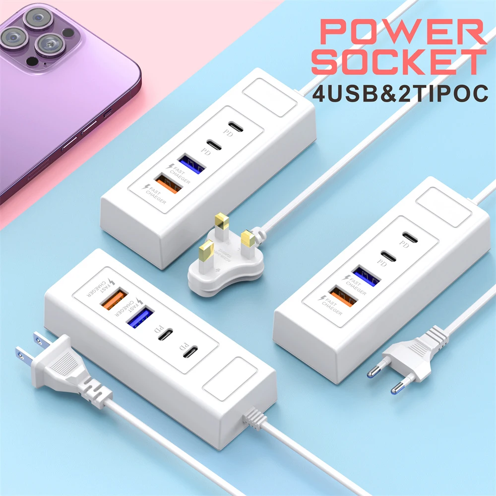 15W USB PD Charger 4-Port USB Charging Station for Multi Devices USB Hub Adapter for iPhone Samsung Xiaomi Huawei Type C Socket