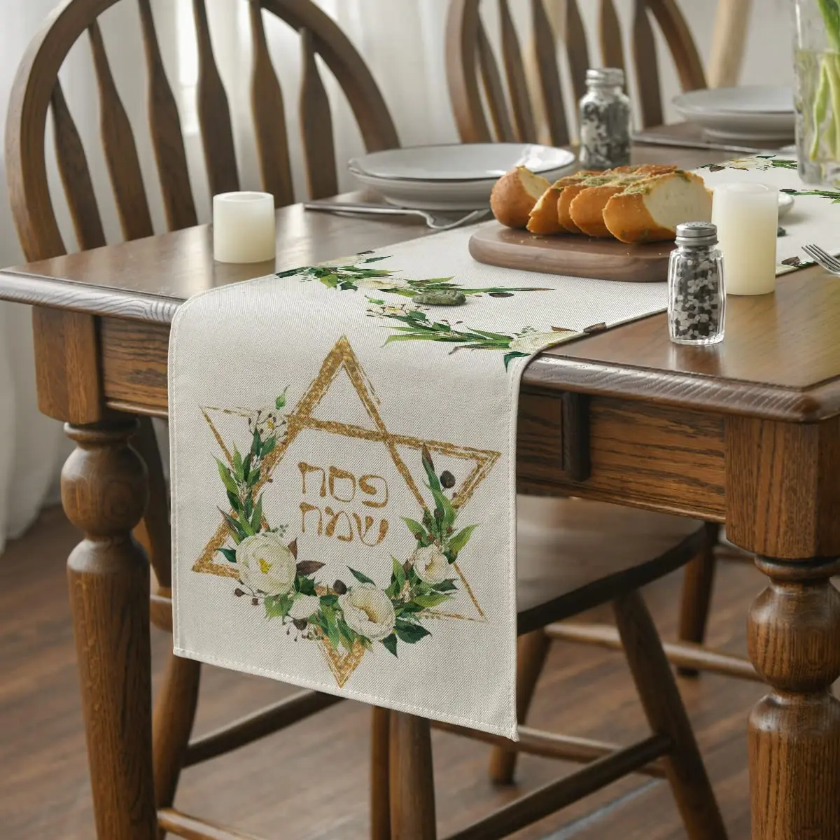 Spring Hexagram Flowers Passover Linen Table Runner Party Decoration Washable Dining   for Kitchen  Decor 4