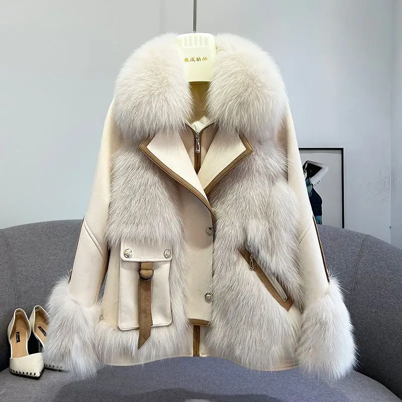 2023 Winter New Women High-End Imitation Fur Coat Thicken Warm Loose V-neck Outwear Female Fashion Casual Design Sense Outcoat
