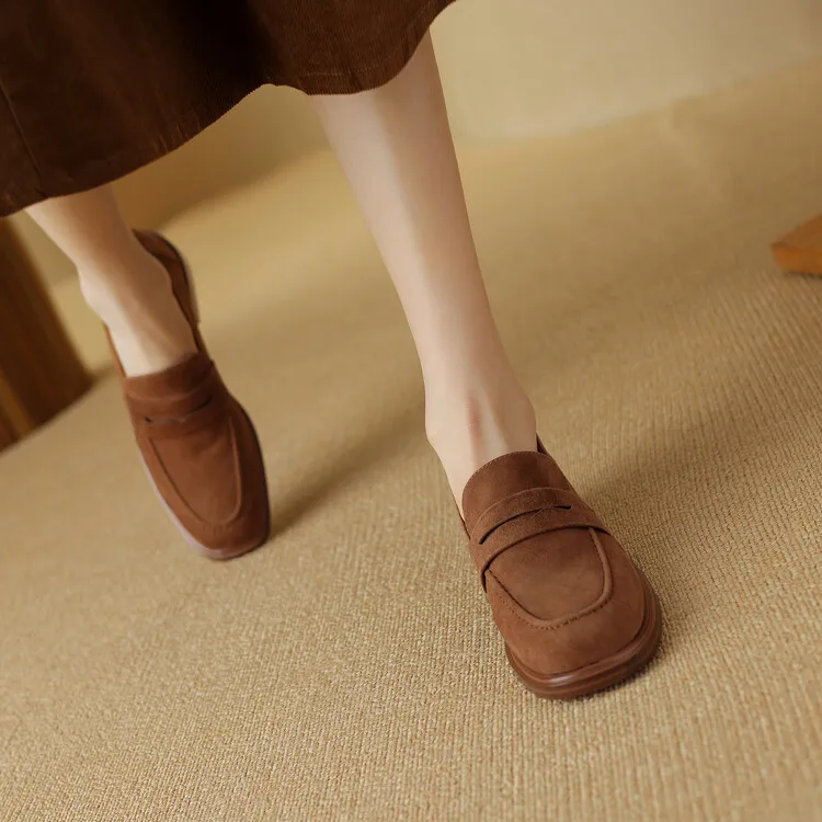 2026 Spring Sheep Suede Women Shoes Round Toe Chunky Heel Women Pumps Shoes for Women Deep Mouth Loafers Low Heels Ladies Shoes
