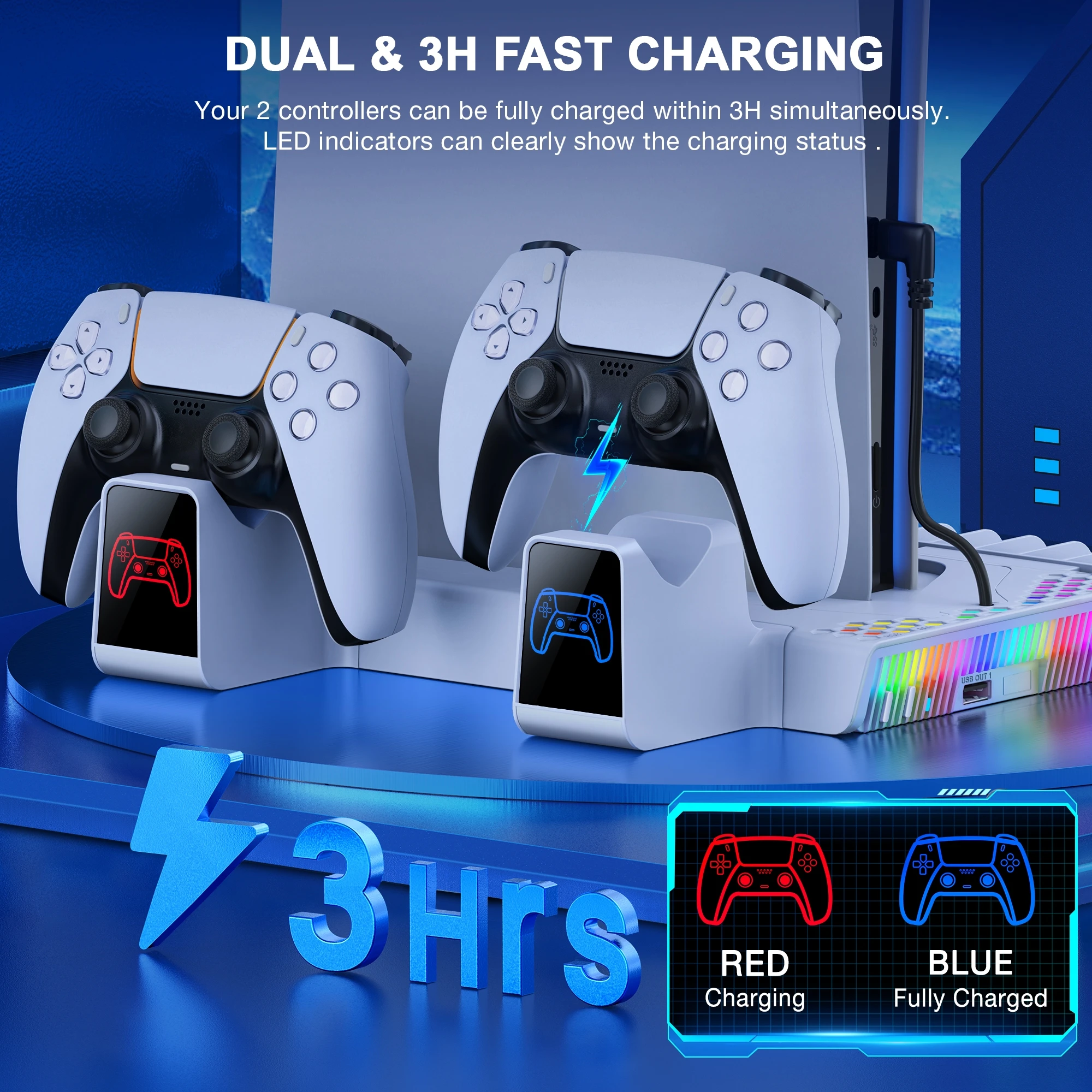BEBONCOOL PS5 슬림 냉각 스테이션용 냉각 스탠드, 플레이스테이션 5 콘솔용 벽걸이 스탠드, 듀얼 게임패드 충전기