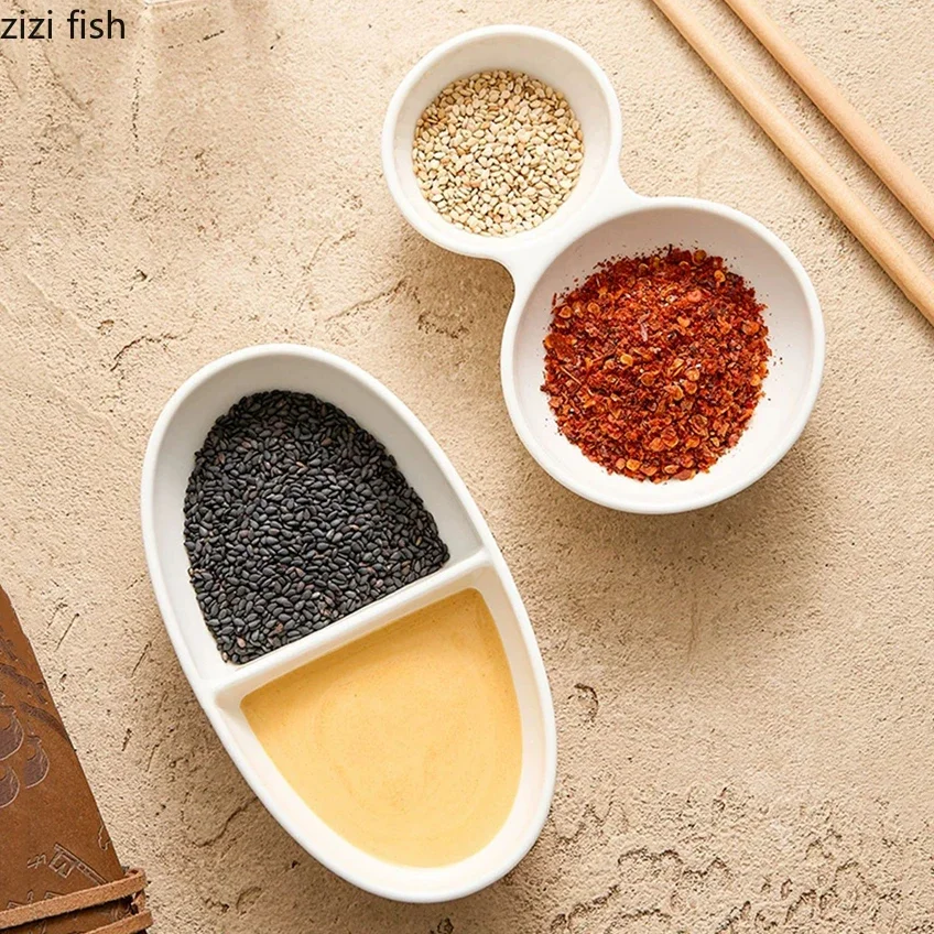 Pure White Ceramic Double Grid Plate Sauce Vinegar Seasoning Plate Appetizer Snack Plates Restaurant Creative Tableware