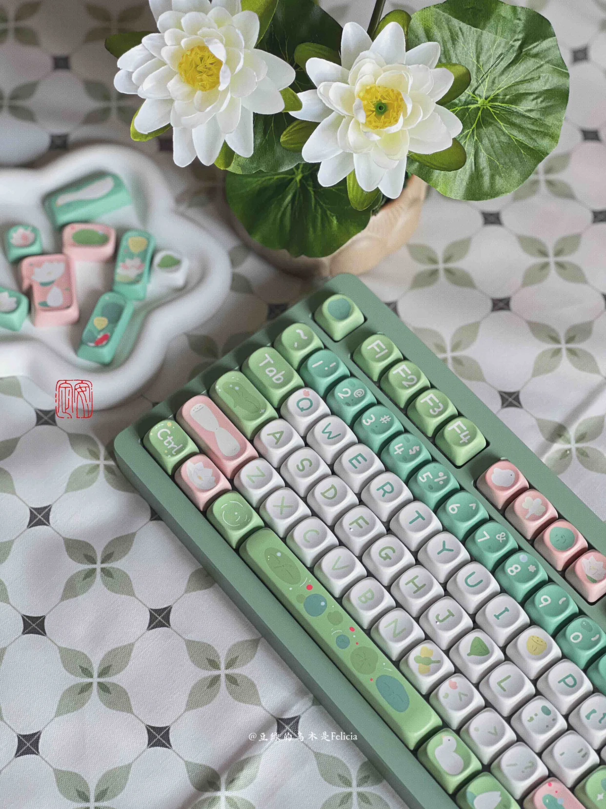 Moa Green Lotus Keycap Boa Sorte Lotus Theme Pbt Altura Teclado Mecânico Bonito Personalizado Sublimação Branco - Imagem 6