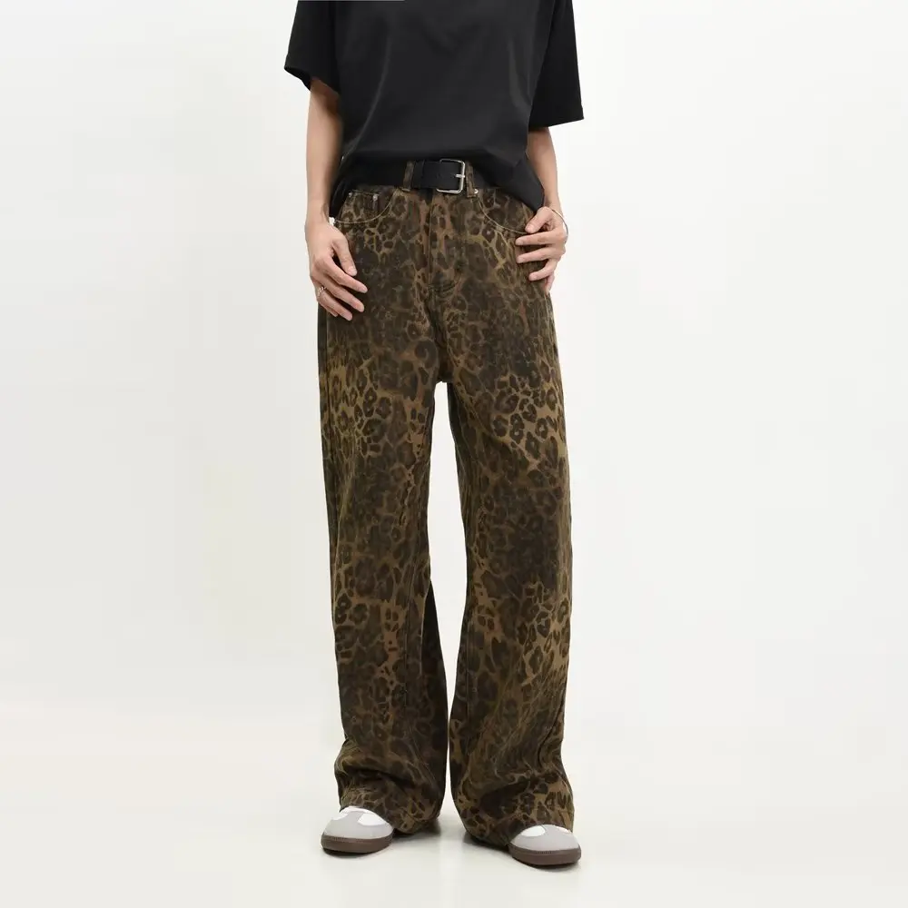 New Original American Retro Leopard Pattern Jeans Straight fit Loose Men's and Women's Autumn/Winter Trendy Casual Pants